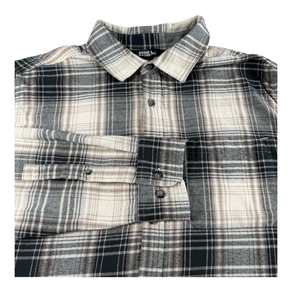 Eddie Bauer Mens XL Black Grey Cream Plaid Long Sleeve Flannel Button Down Shirt
